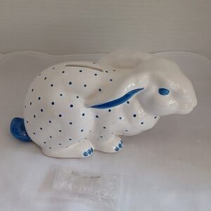 Tiffany & Co Austria Ceramic Bunny Rabbit Blue Dots Coin Bank With KEY Easter